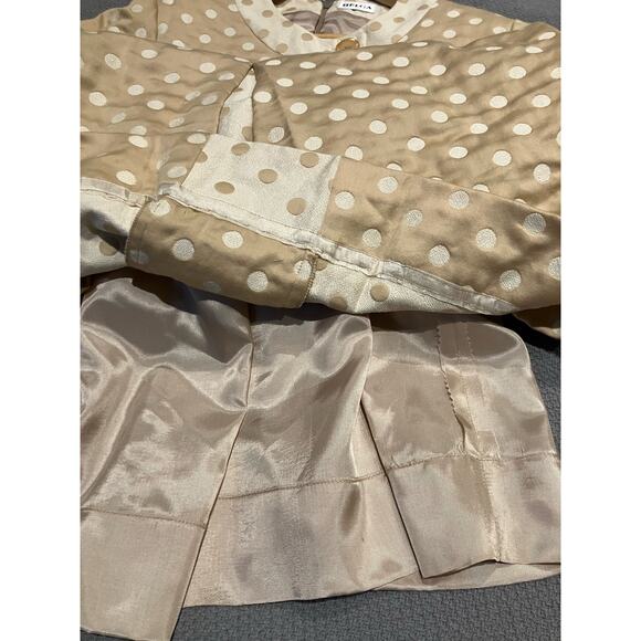 HELGA Vintage Dress, Tan White Polka Dot, Short Sleeve, Lined, Thick, Large (?) - Picture 8 of 9